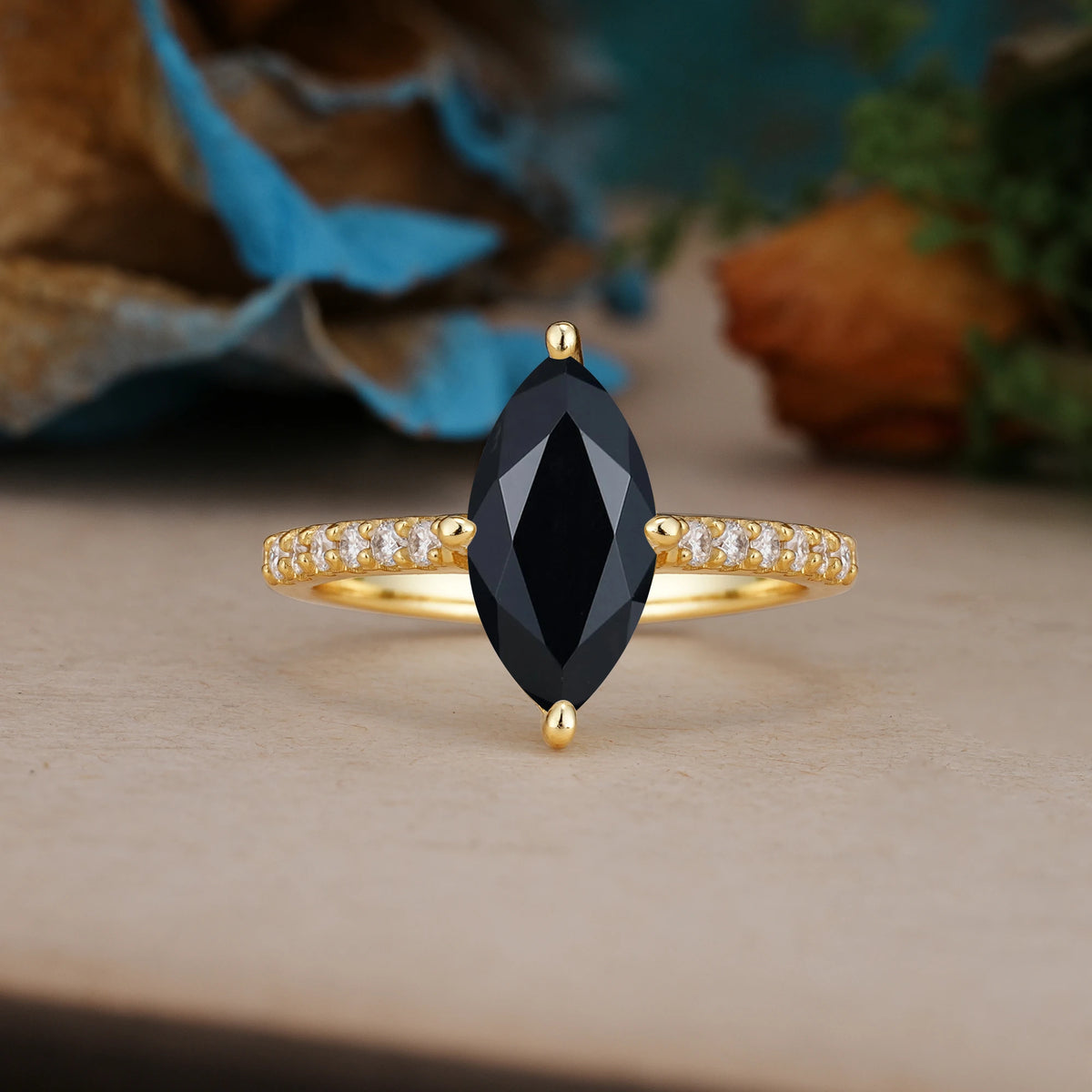 Marquise Cut Black Onyx Solitaire Engagement Ring with Pavé Band