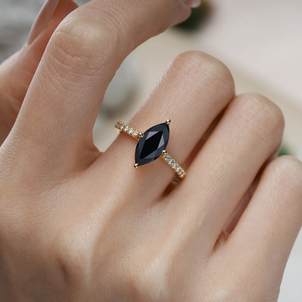 Marquise Cut Black Onyx Solitaire Engagement Ring with Pavé Band