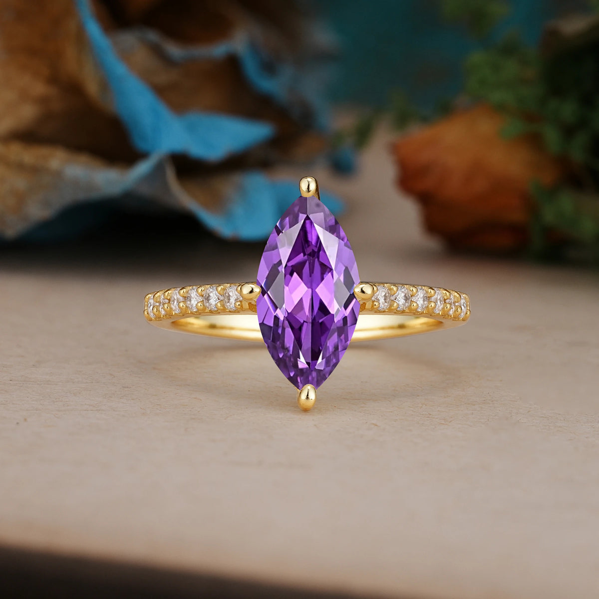 Marquise Cut Amethyst Solitaire Engagement Ring with Pavé Band