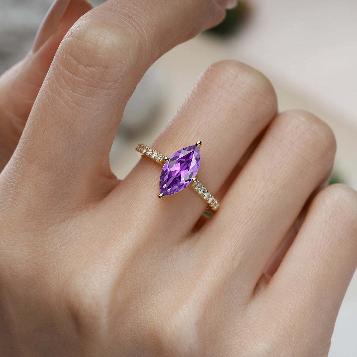 Marquise Cut Amethyst Solitaire Engagement Ring with Pavé Band