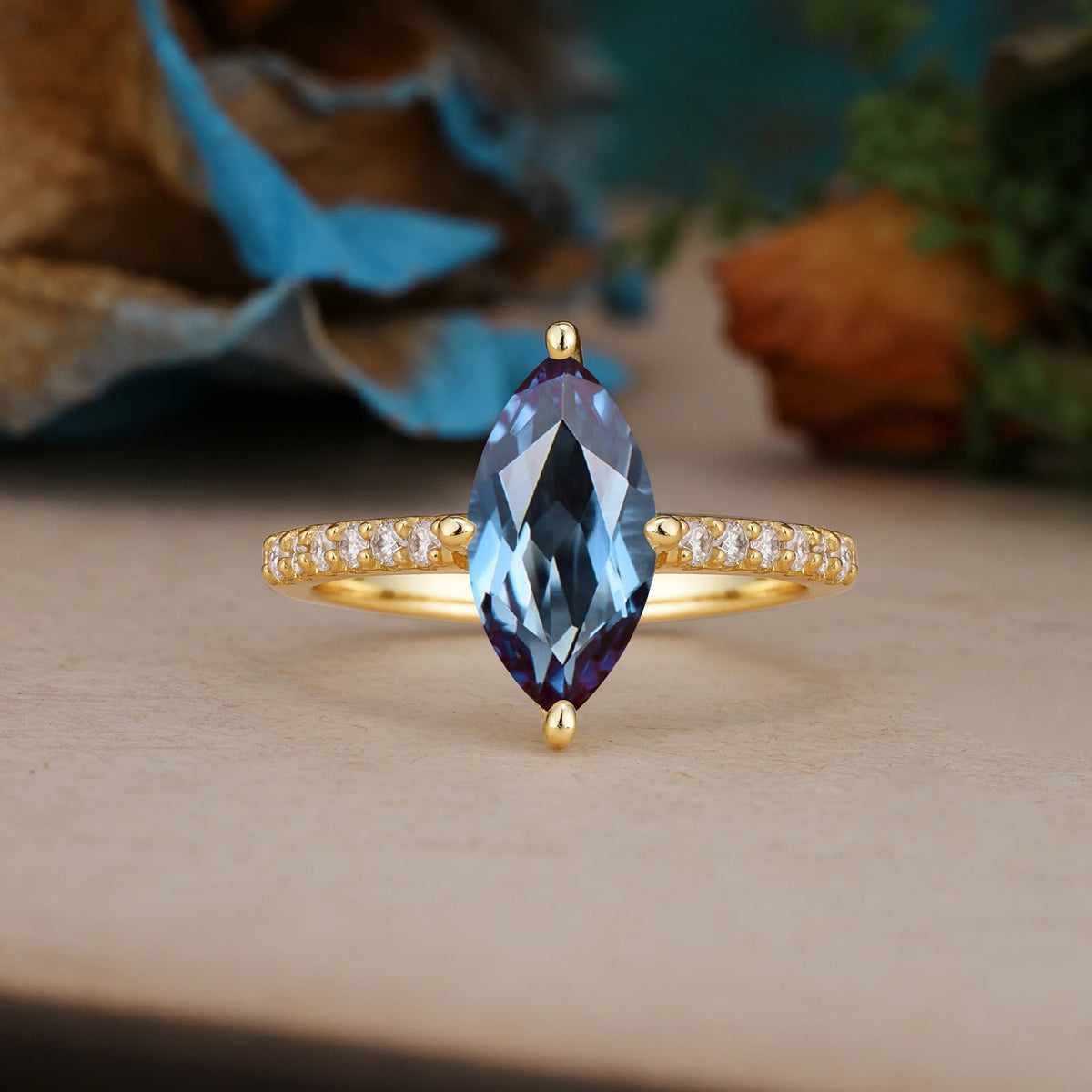 Marquise Cut Alexandrite Solitaire Engagement Ring with Pavé Band