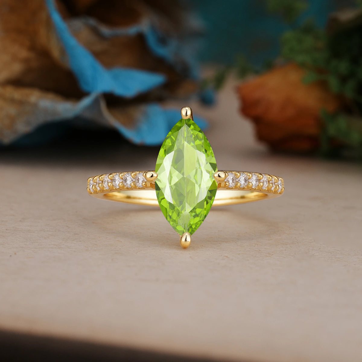 Marquise Cut Peridot Solitaire Engagement Ring with Pavé Band