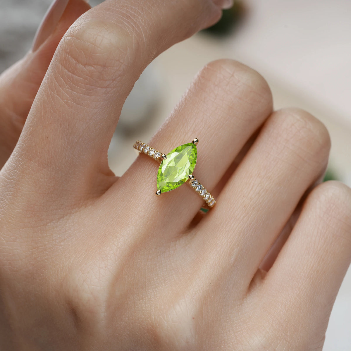 Marquise Cut Peridot Solitaire Engagement Ring with Pavé Band