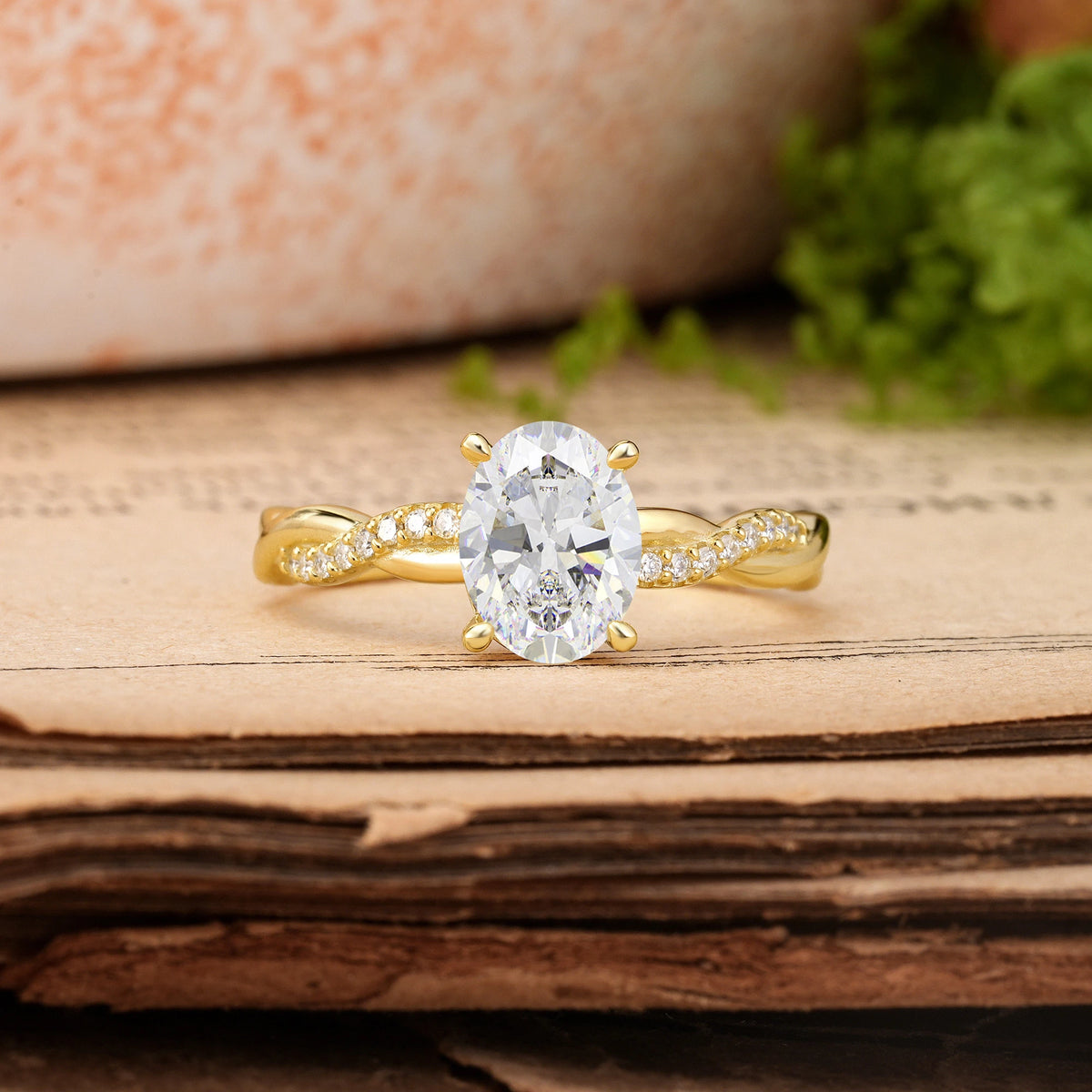 Oval Cut Moissanite Twisted Pavé Engagement Ring