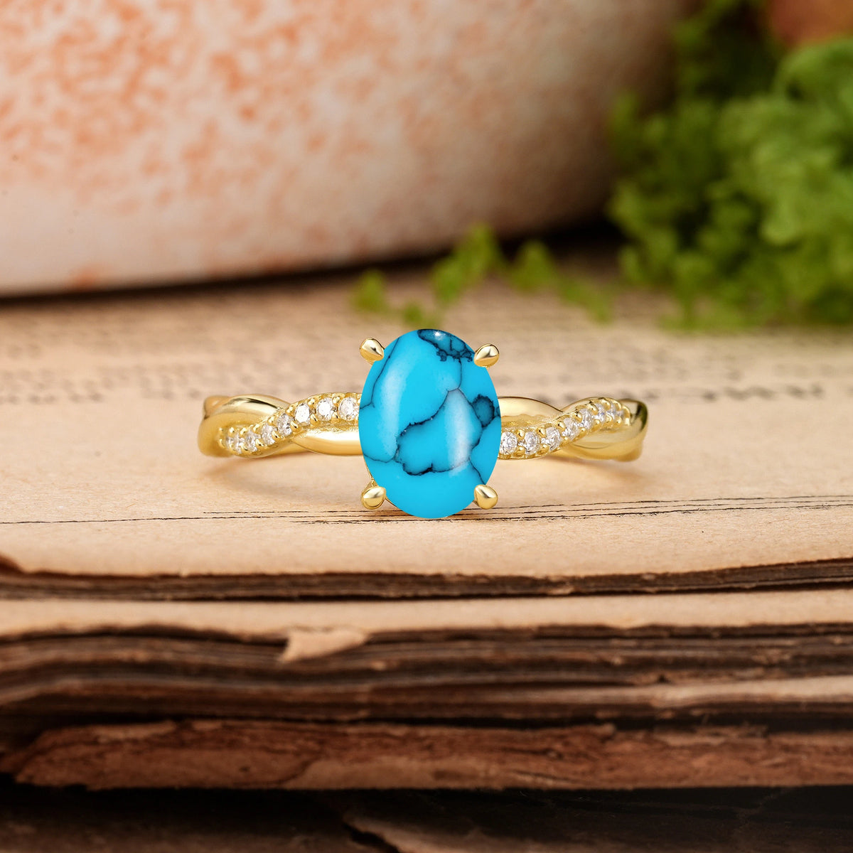 Oval Cut Turquoise Twisted Pavé Engagement Ring