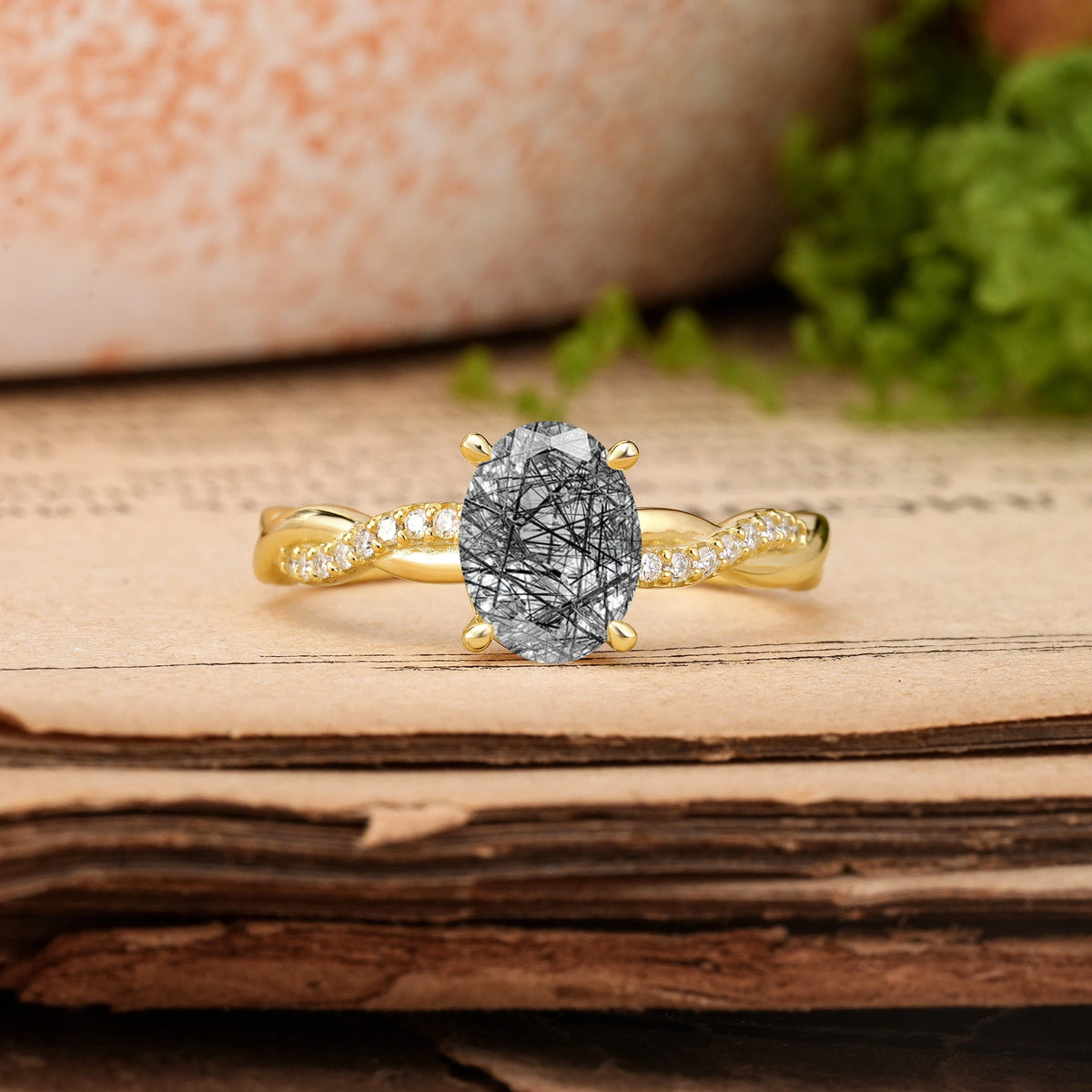 Oval Cut Black Rutilated Quartz Twisted Pavé Engagement Ring