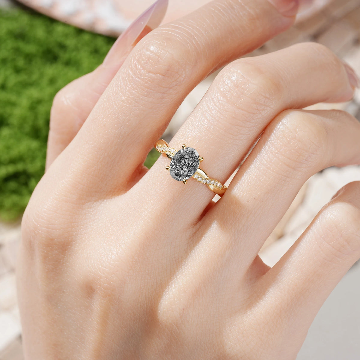 Oval Cut Black Rutilated Quartz Twisted Pavé Engagement Ring