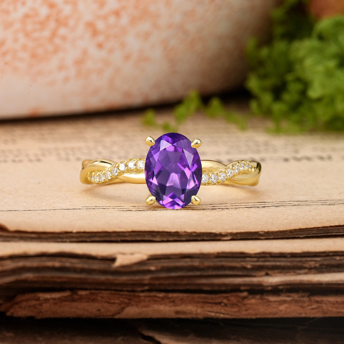 Oval Cut Amethyst Twisted Pavé Engagement Ring