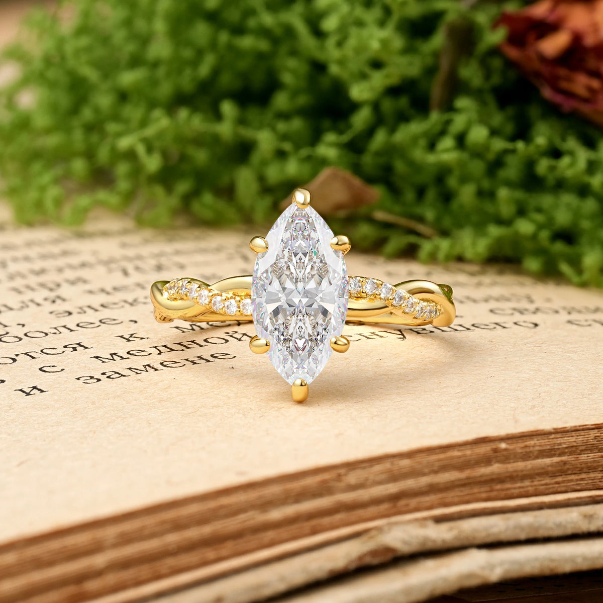 Marquise Cut Moissanite Twisted Pavé Engagement Ring