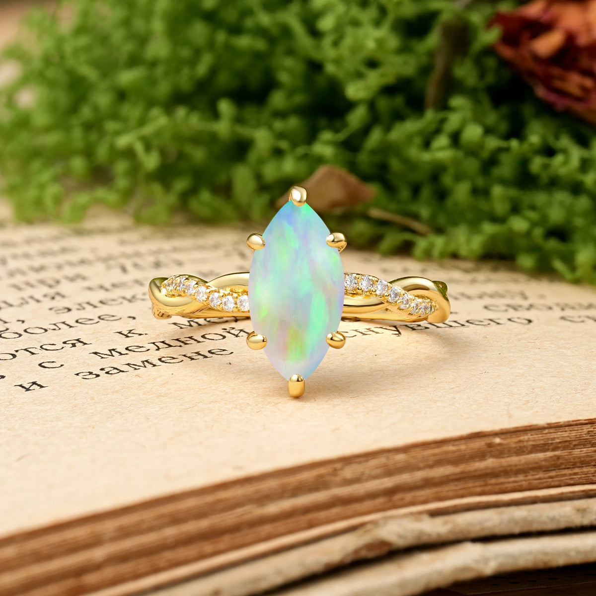 Marquise Cut Fire Opal Twisted Pavé Engagement Ring