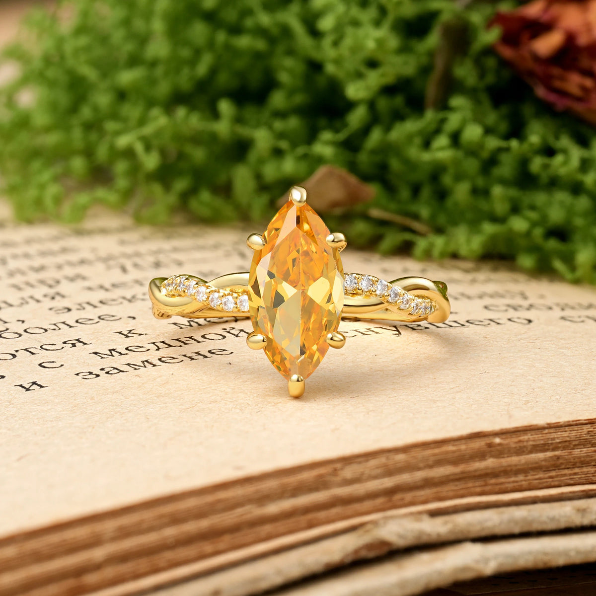 Marquise Cut Citrine Twisted Pavé Engagement Ring