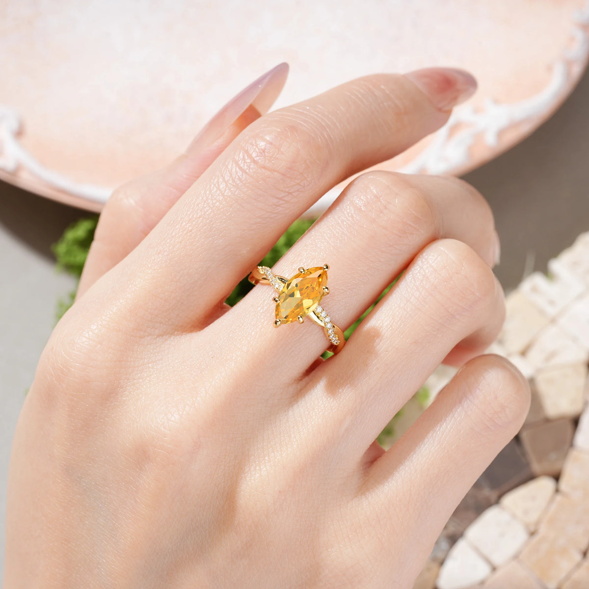 Marquise Cut Citrine Twisted Pavé Engagement Ring
