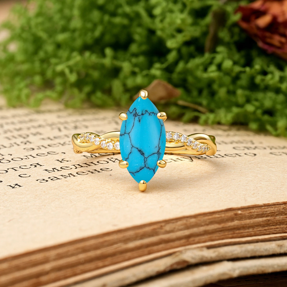 Marquise Cut Turquoise Twisted Pavé Engagement Ring