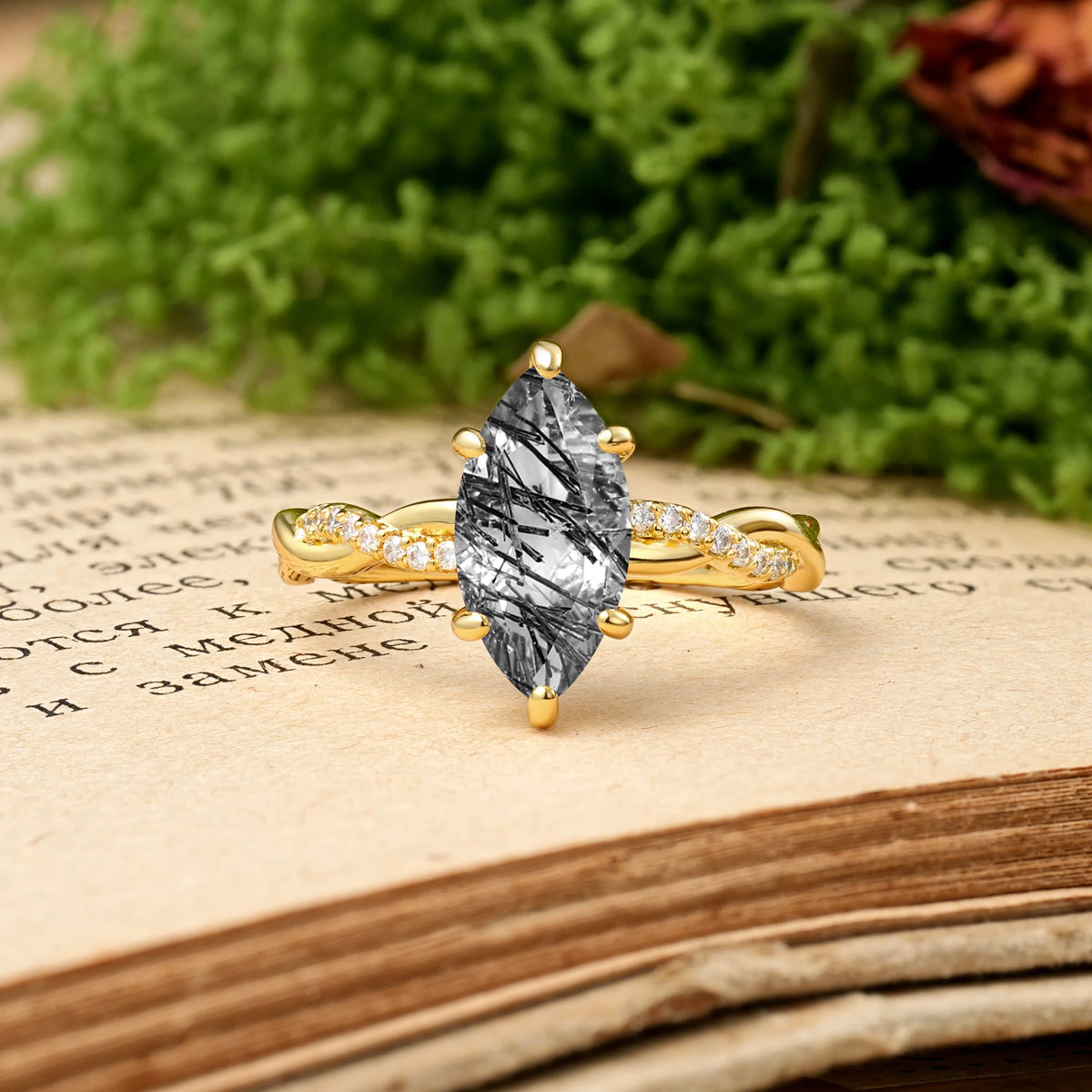Marquise Cut Black Rutilated Quartz Twisted Pavé Engagement Ring