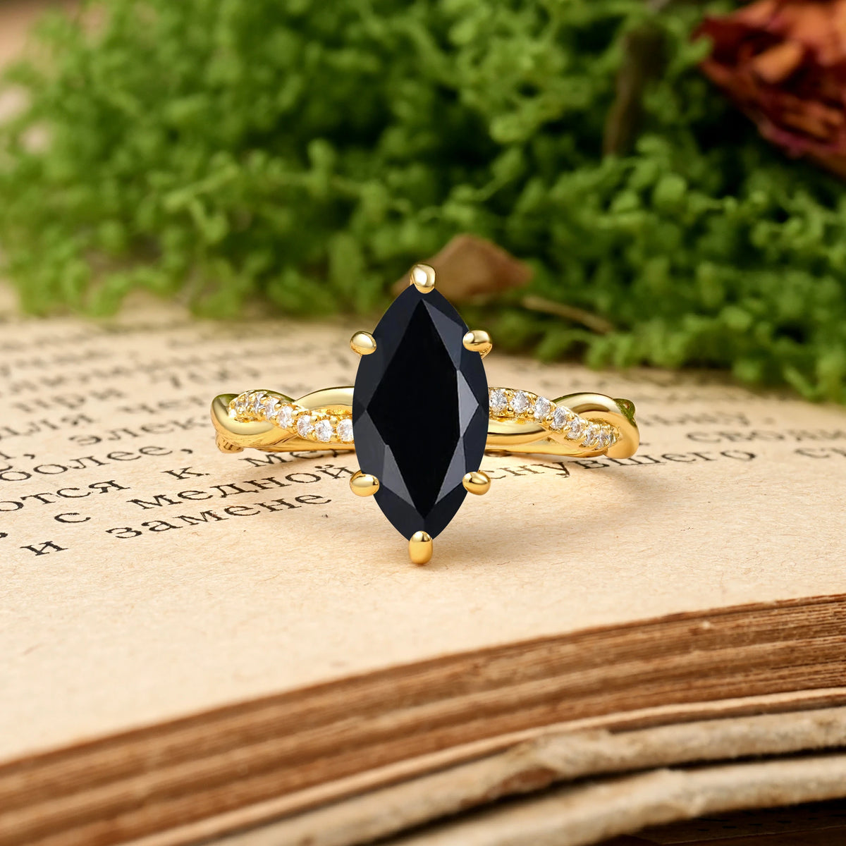 Marquise Cut Black Onyx Twisted Pavé Engagement Ring