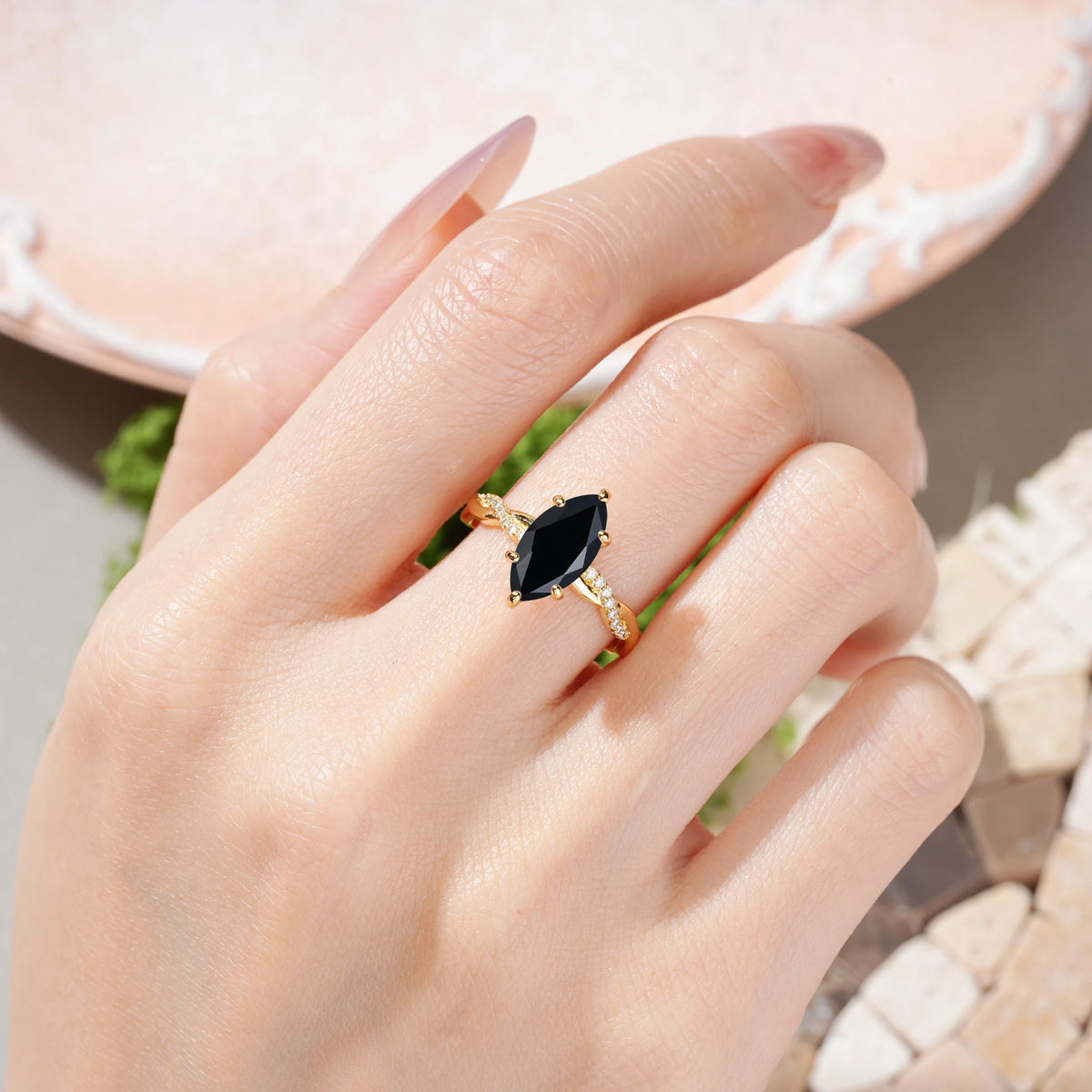 Marquise Cut Black Onyx Twisted Pavé Engagement Ring