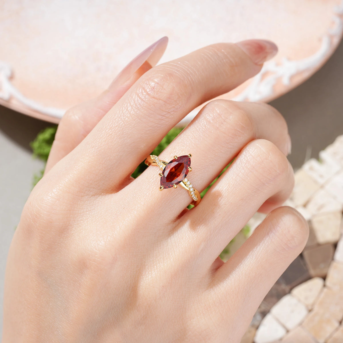 Marquise Cut Garnet Twisted Pavé Engagement Ring
