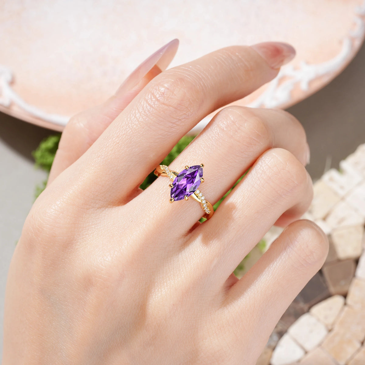 Marquise Cut Amethyst Twisted Pavé Engagement Ring
