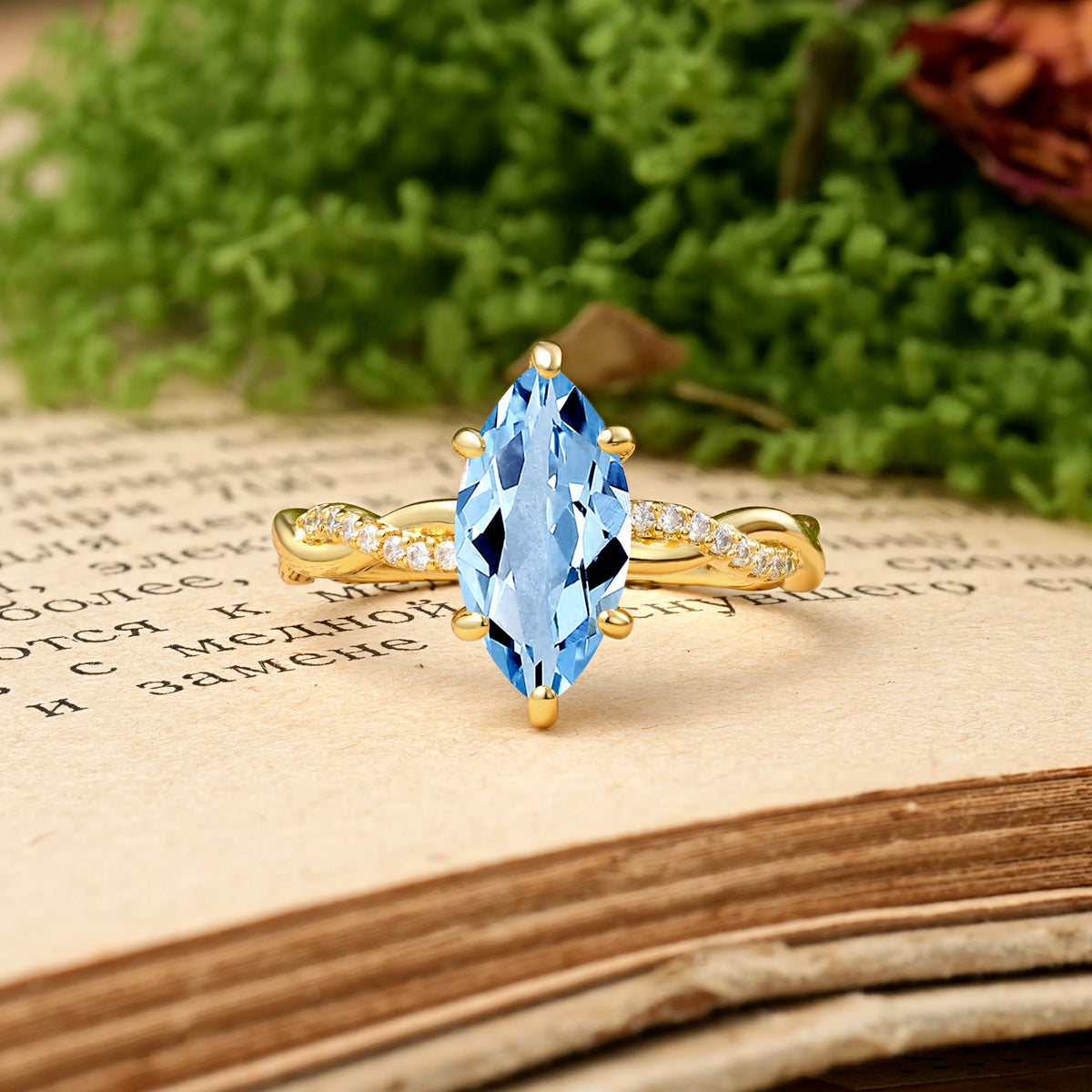 Marquise Cut Aquamarine Twisted Pavé Engagement Ring