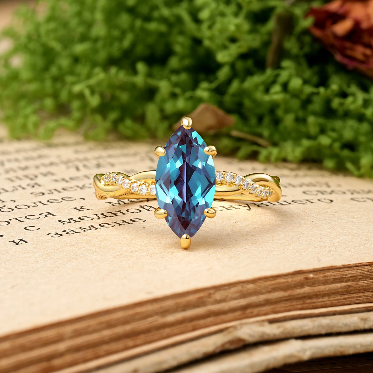 Marquise Cut Alexandrite Twisted Pavé Engagement Ring