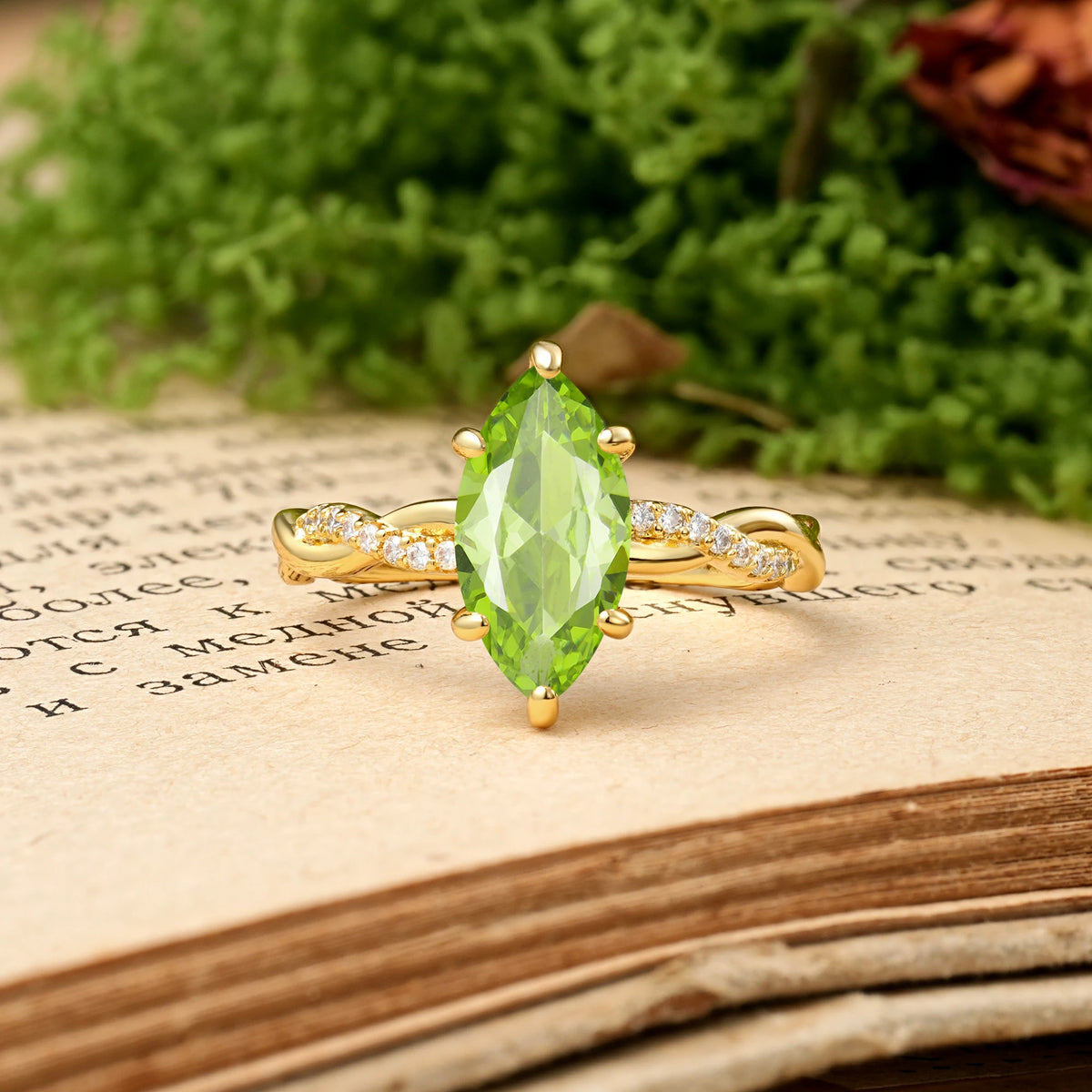 Marquise Cut Peridot Twisted Pavé Engagement Ring