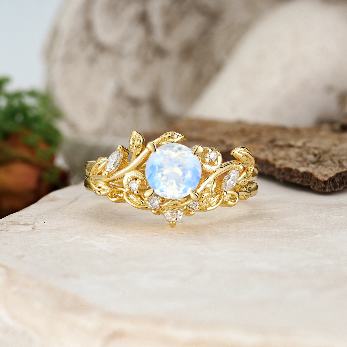 Round Cut Moonstone Leaf Vine Bridal Ring Set