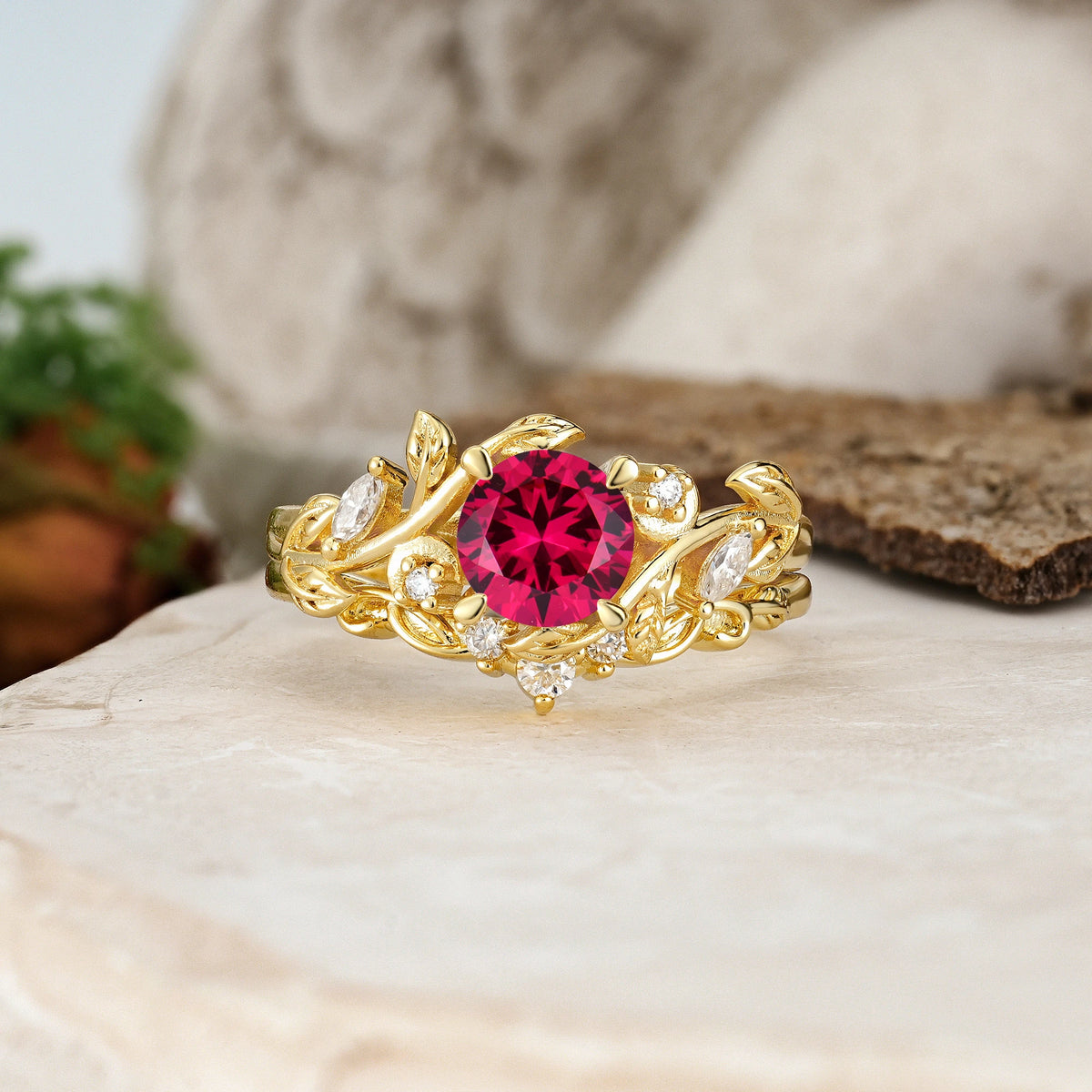 Round Cut Ruby Leaf Vine Bridal Ring Set