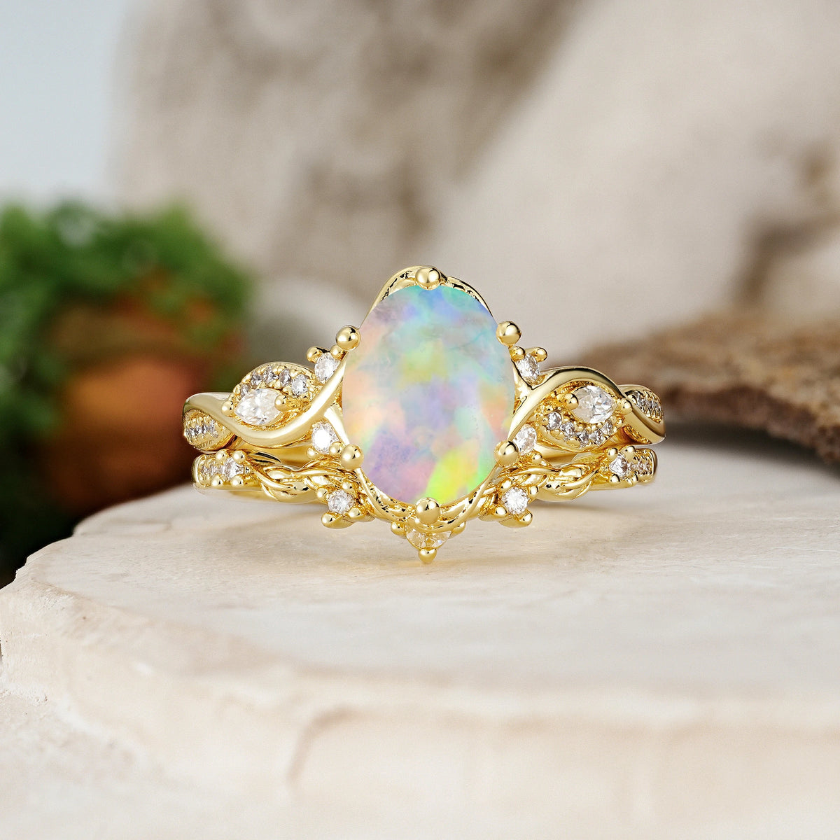 Oval Cut Fire Opal Vintage Leaf Vine Bridal Ring Set