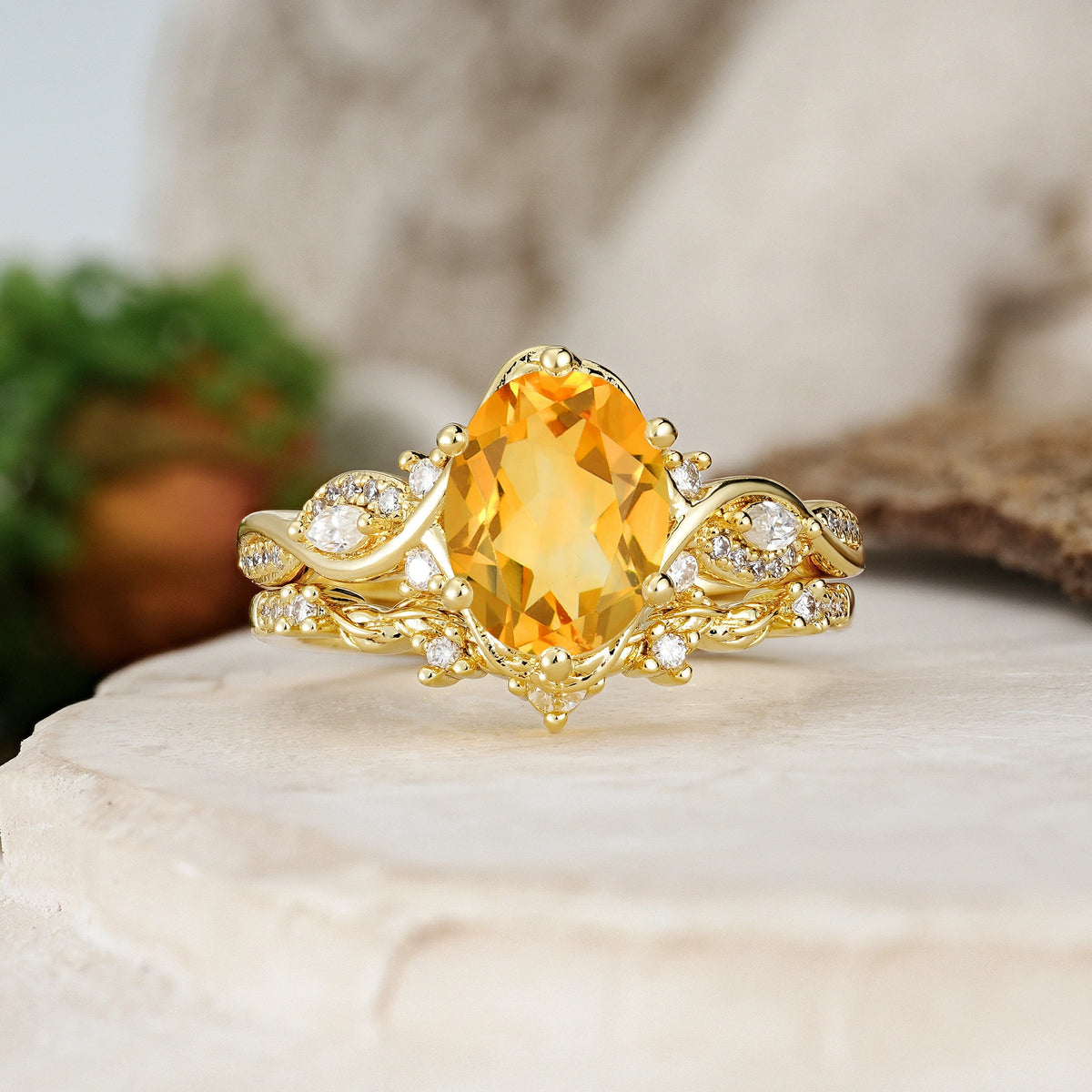 Oval Cut Citrine Vintage Leaf Vine Bridal Ring Set