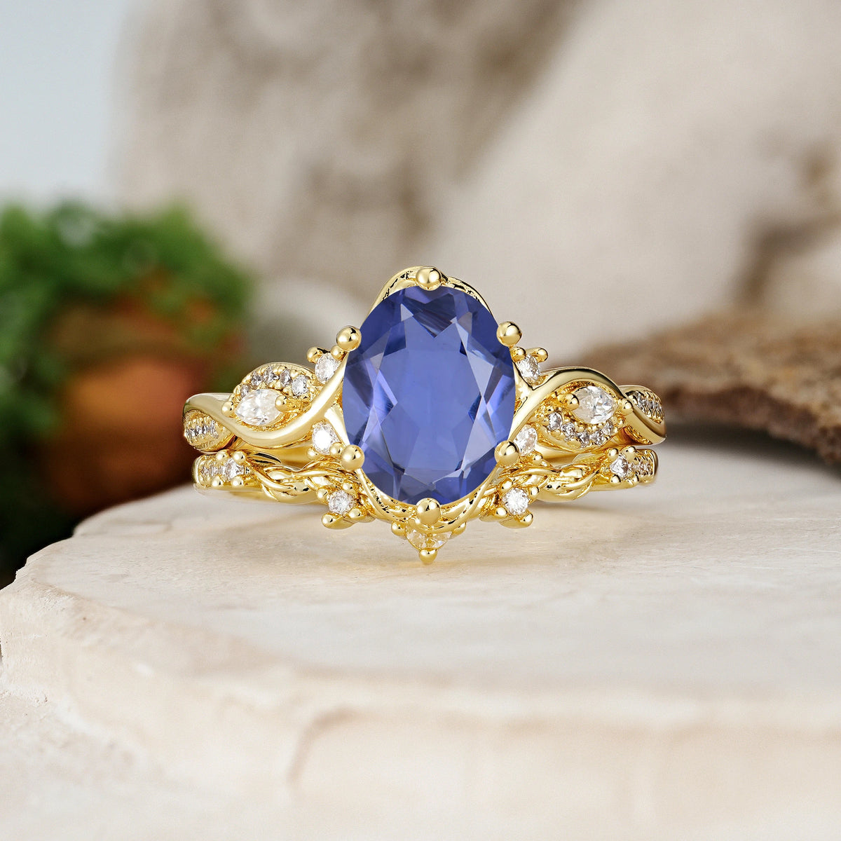 Oval Cut Tanzanite Vintage Leaf Vine Bridal Ring Set