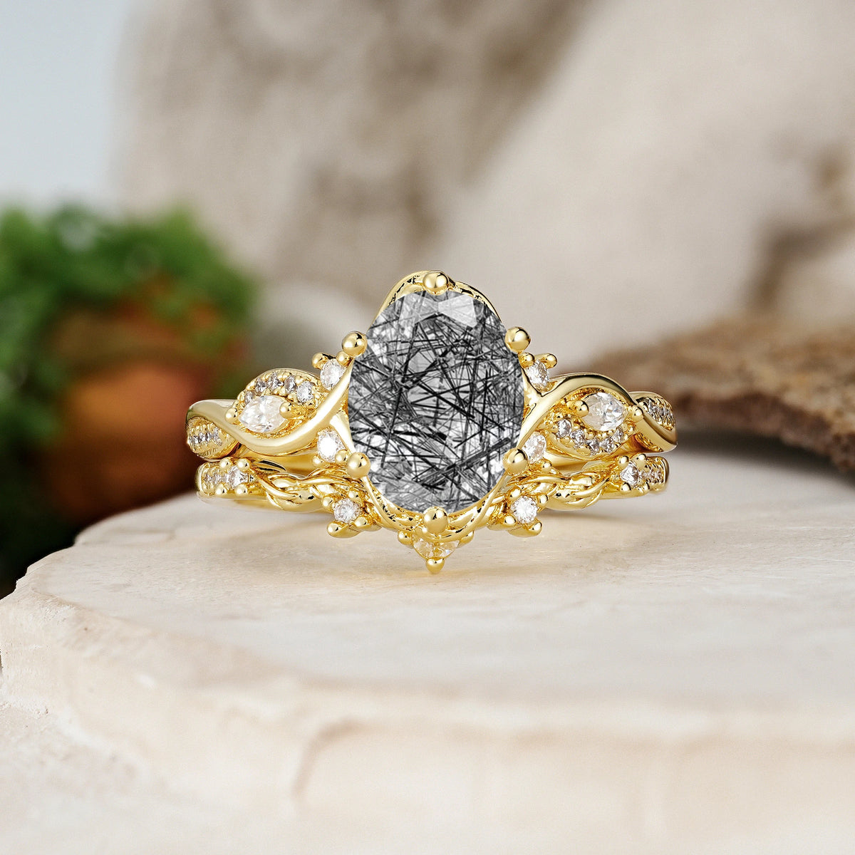 Oval Cut Black Rutilated Quartz Vintage Leaf Vine Bridal Ring Set