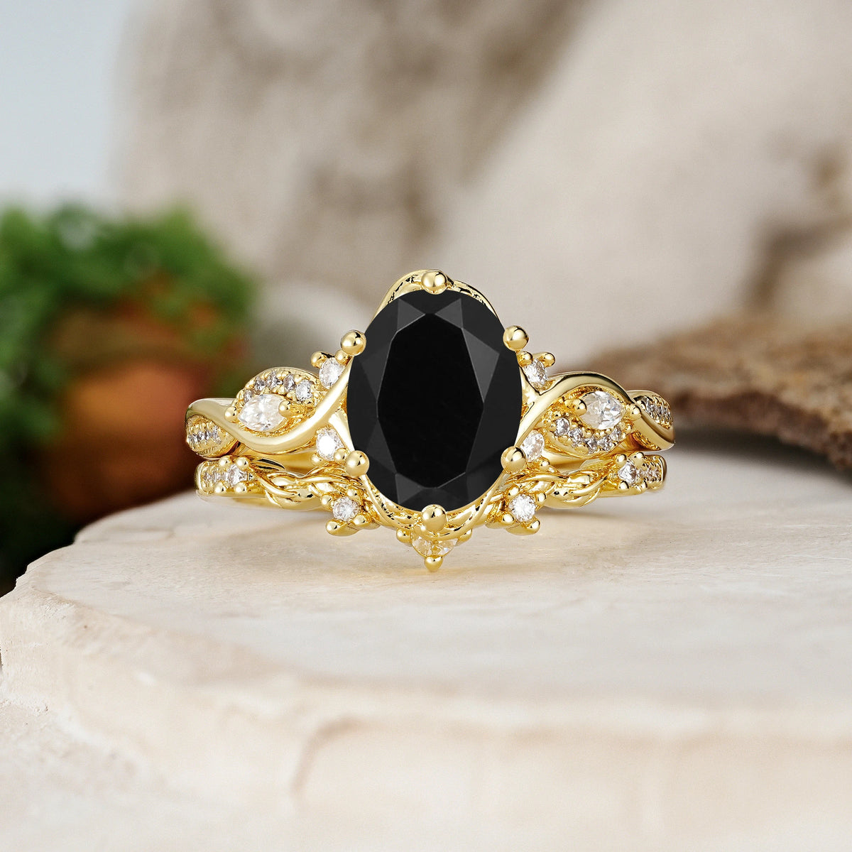 Oval Cut Black Onyx Vintage Leaf Vine Bridal Ring Set