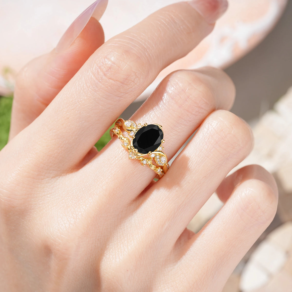 Oval Cut Black Onyx Vintage Leaf Vine Bridal Ring Set