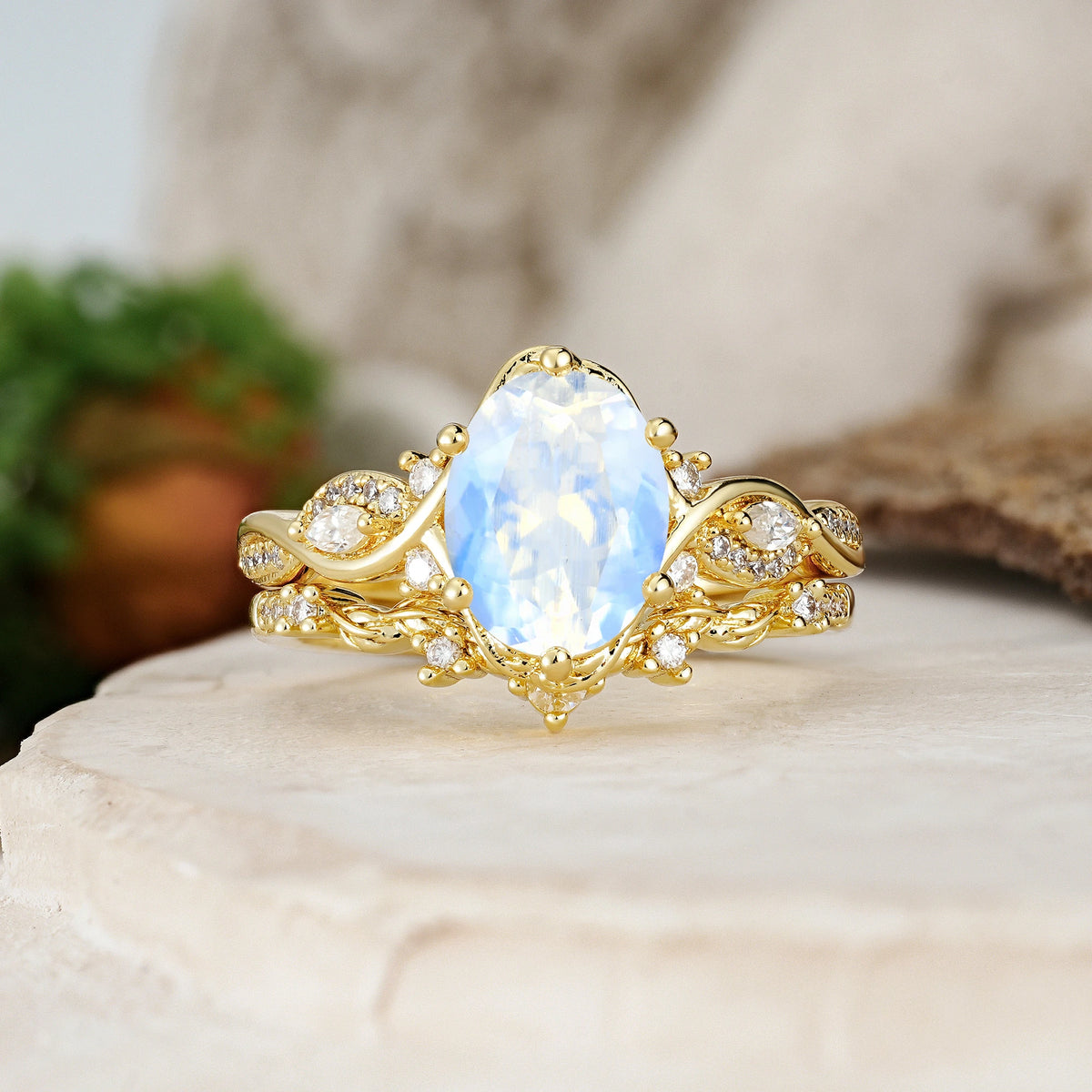 Oval Cut Moonstone Vintage Leaf Vine Bridal Ring Set