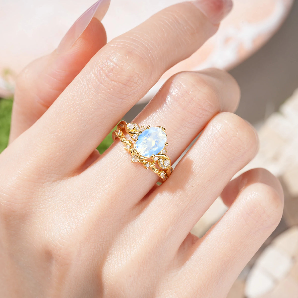 Oval Cut Moonstone Vintage Leaf Vine Bridal Ring Set