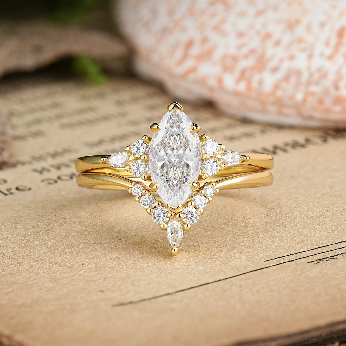 Marquise Cut Moissanite Cluster Halo Chevron Bridal Ring Set
