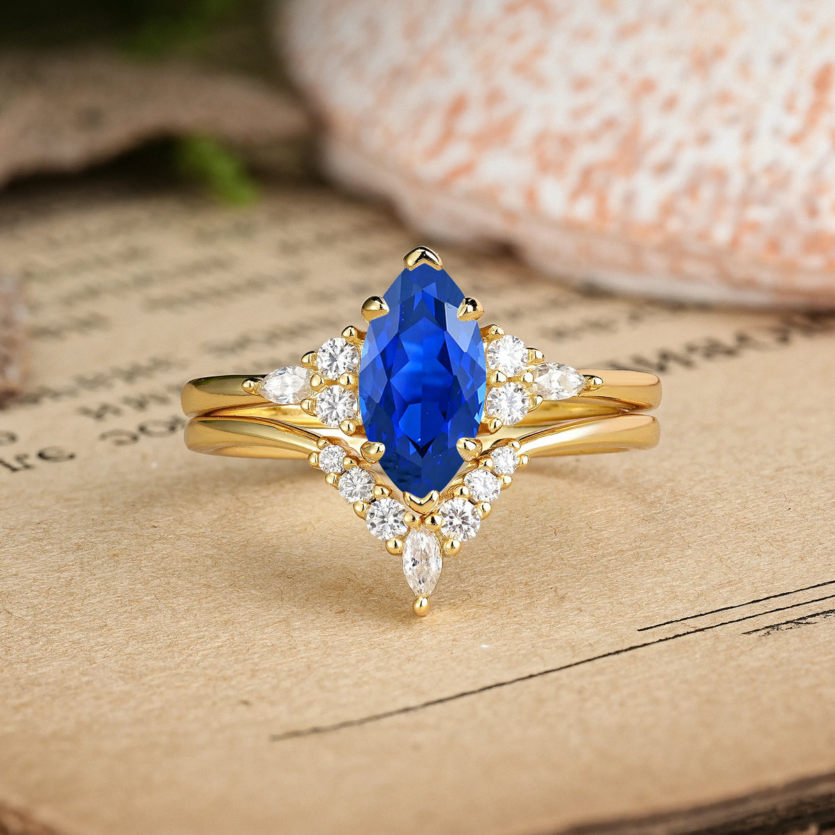 Marquise Cut Sapphire Cluster Halo Chevron Bridal Ring Set