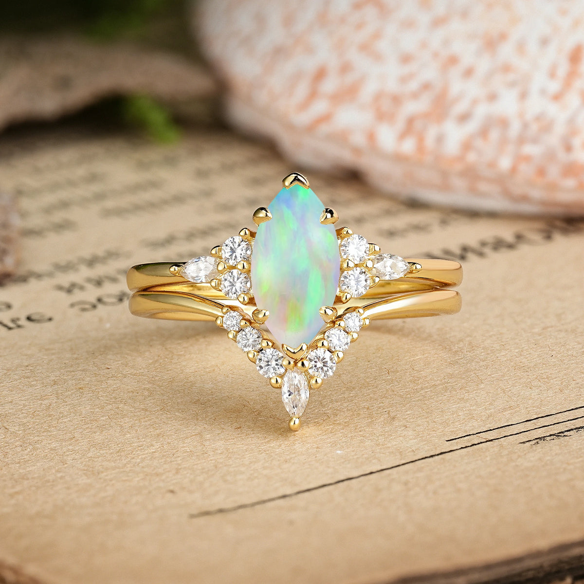 Marquise Cut Fire Opal Cluster Halo Chevron Bridal Ring Set