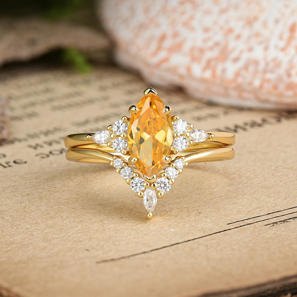 Marquise Cut Citrine Cluster Halo Chevron Bridal Ring Set