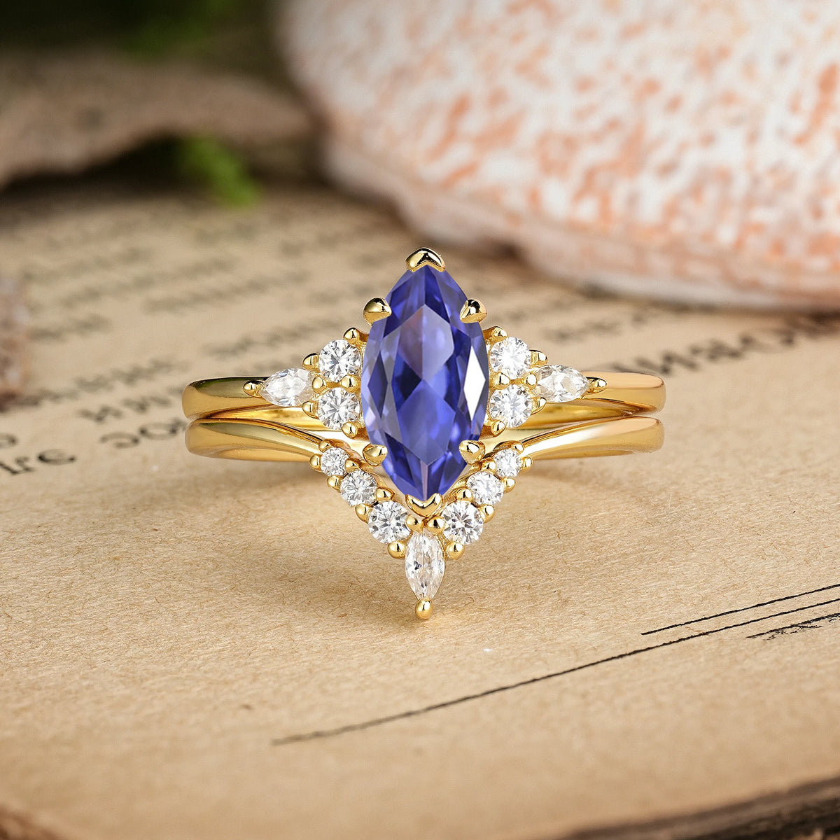 Marquise Cut Tanzanite Cluster Halo Chevron Bridal Ring Set