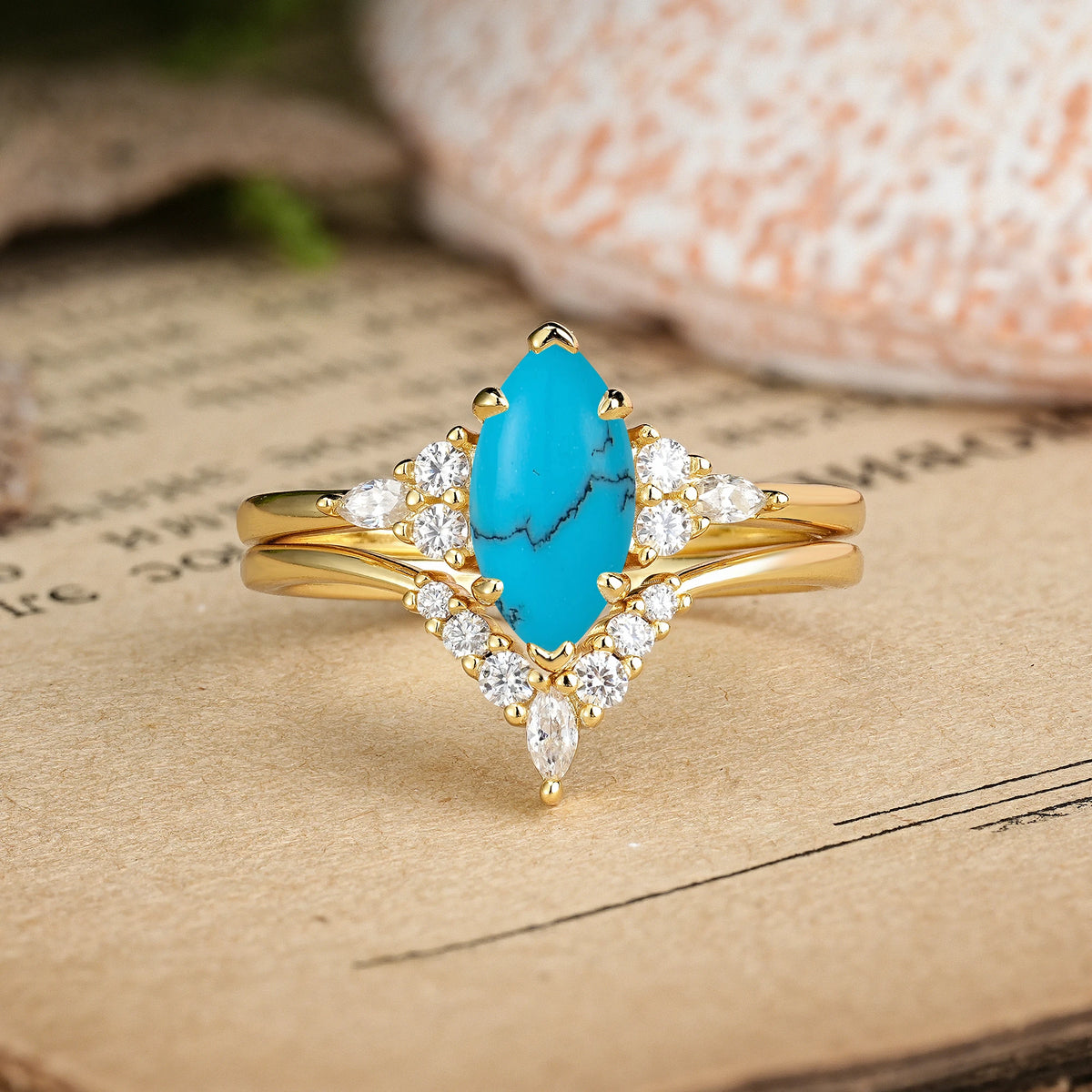 Marquise Cut Turquoise Cluster Halo Chevron Bridal Ring Set