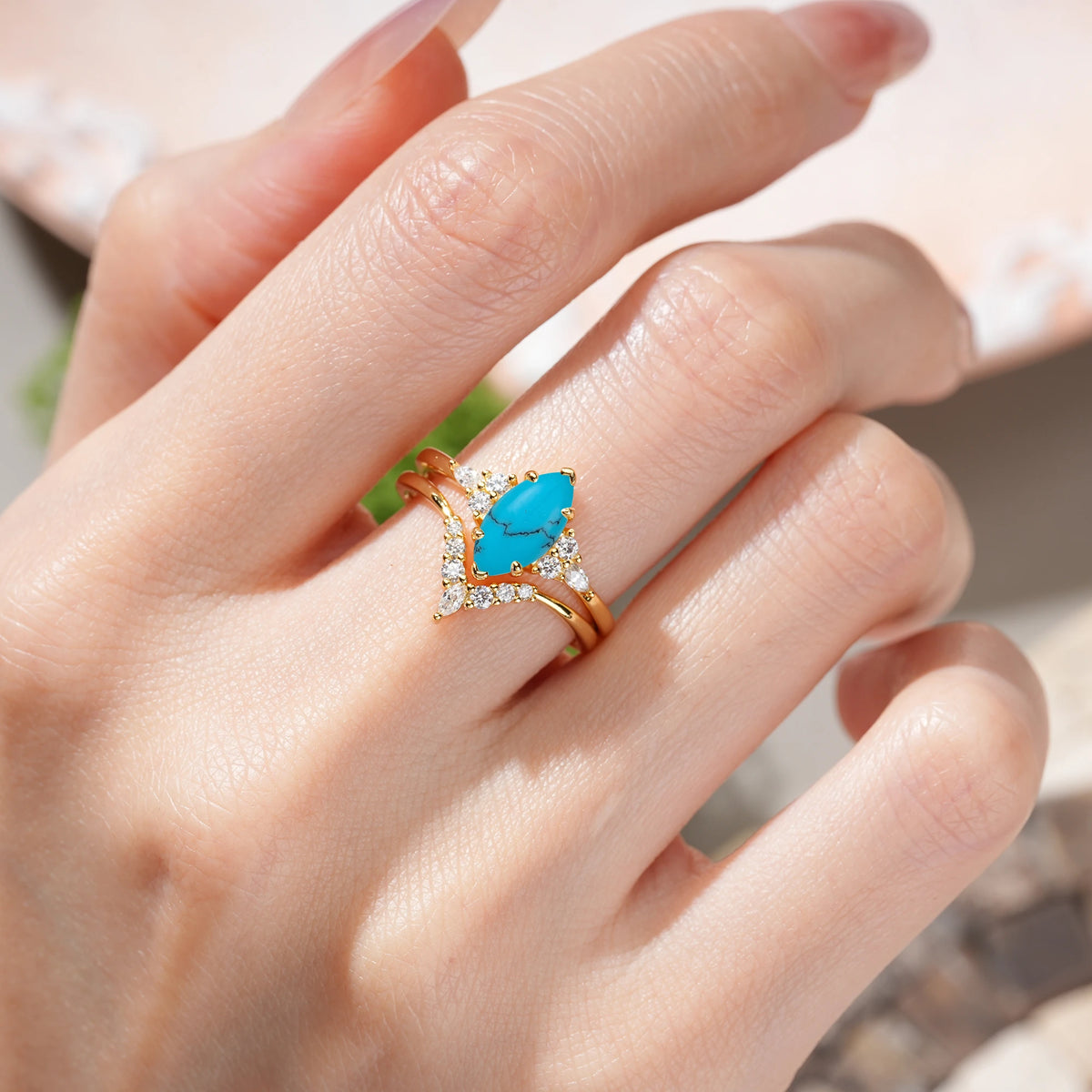 Marquise Cut Turquoise Cluster Halo Chevron Bridal Ring Set