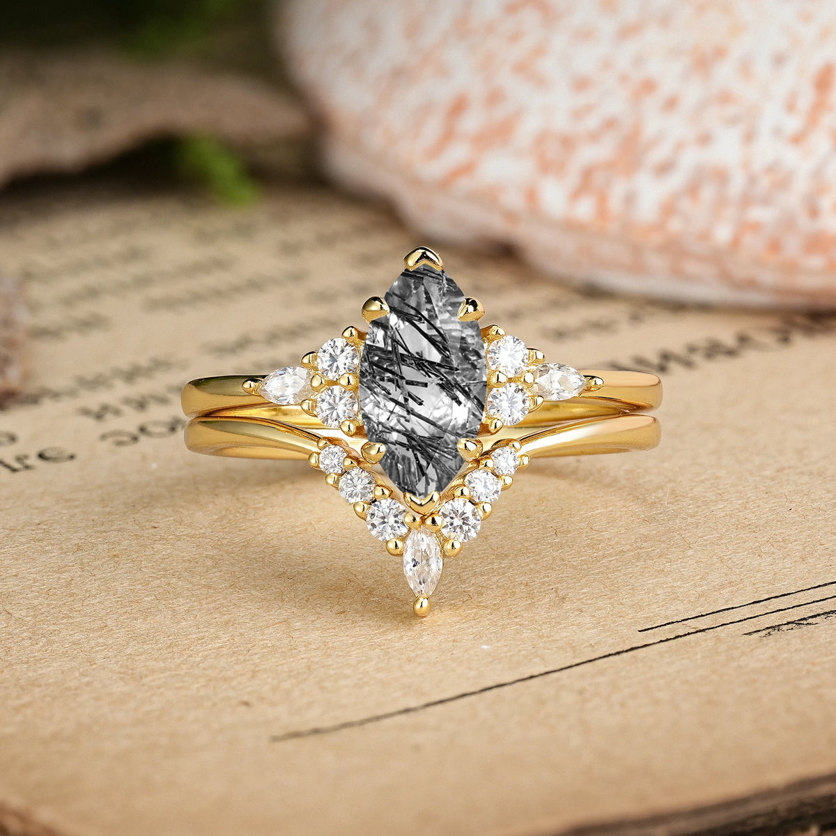 Marquise Cut Black Rutilated Quartz Cluster Halo Chevron Bridal Ring Set