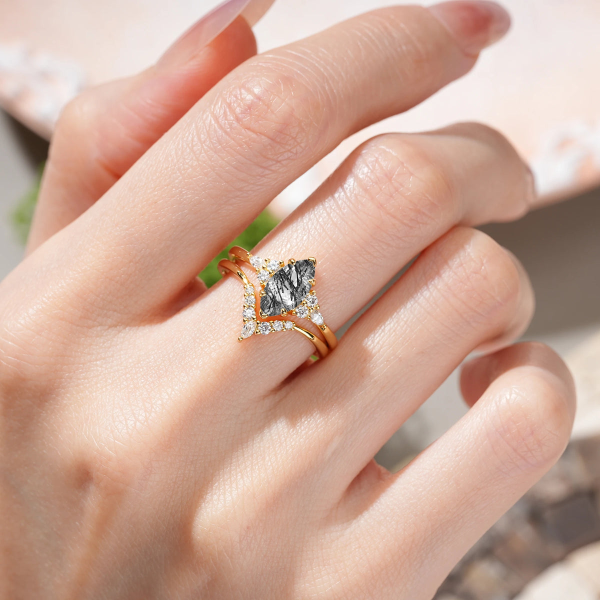 Marquise Cut Black Rutilated Quartz Cluster Halo Chevron Bridal Ring Set