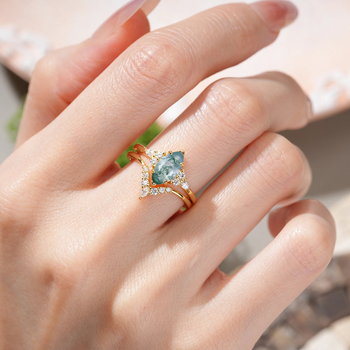 Marquise Cut Moss Agate Cluster Halo Chevron Bridal Ring Set