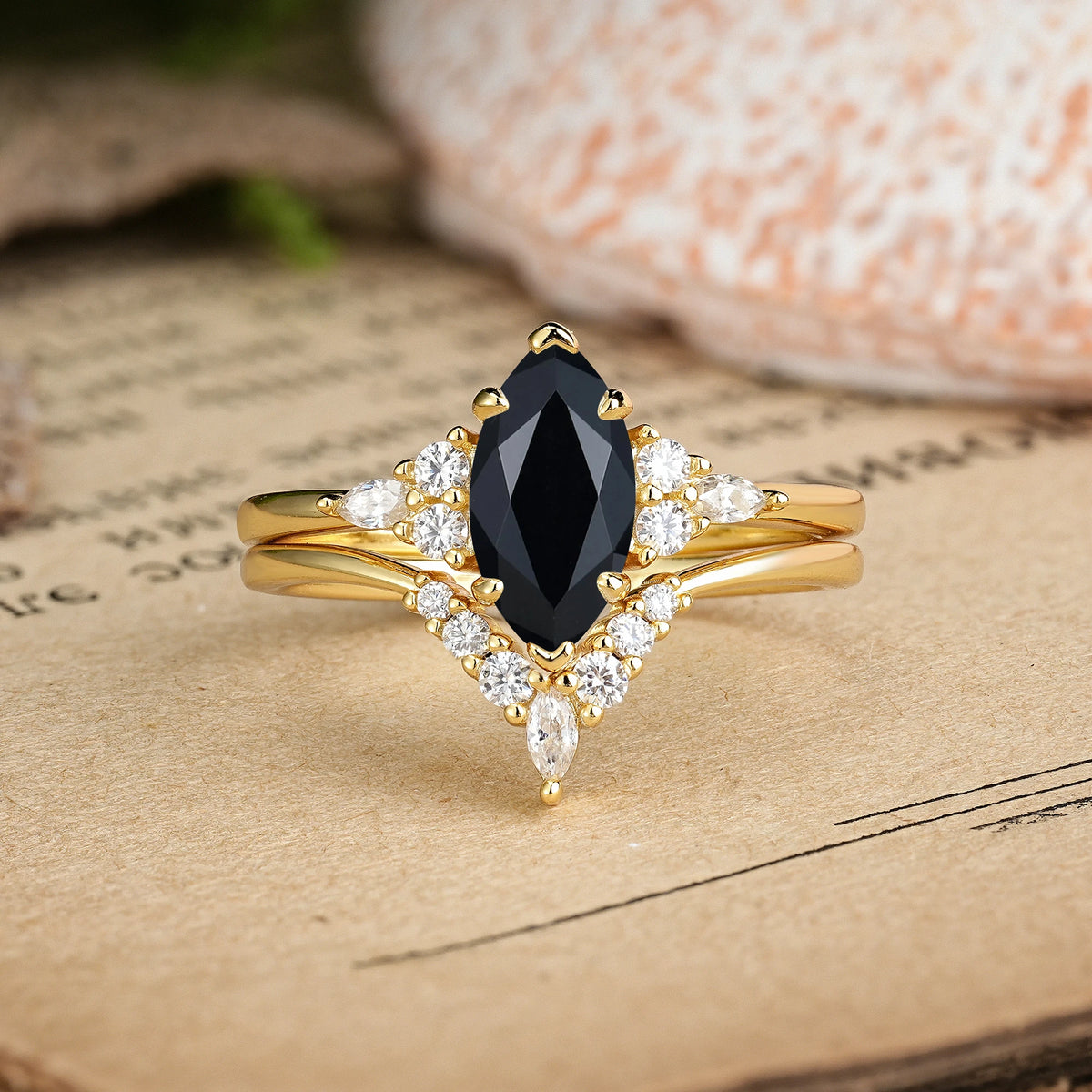 Marquise Cut Black Onyx Cluster Halo Chevron Bridal Ring Set