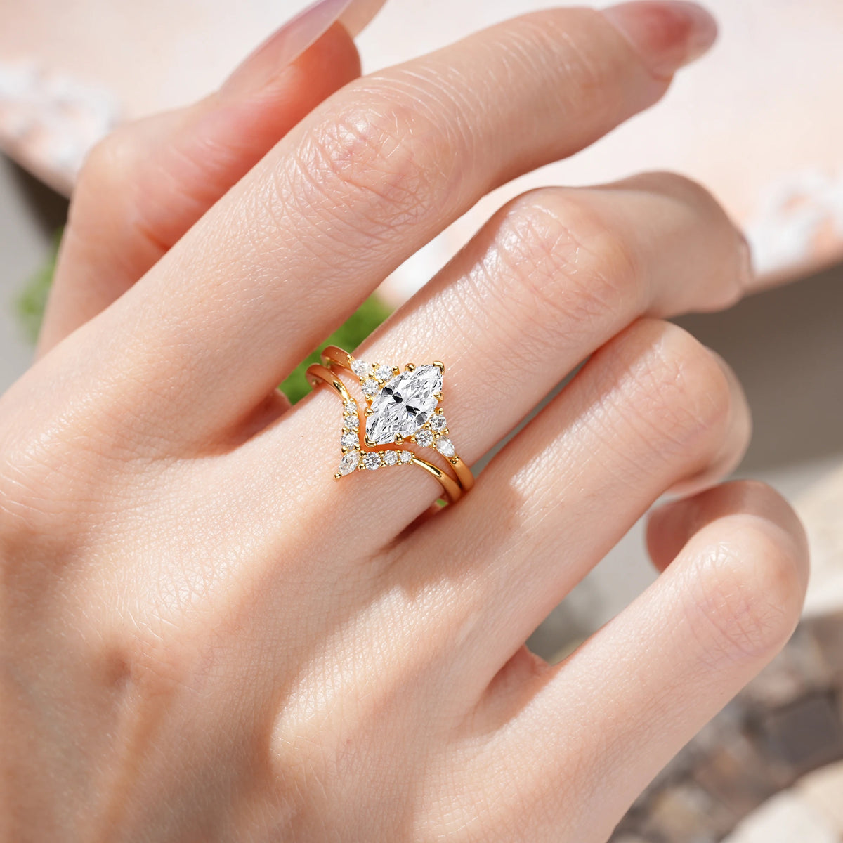 Marquise Cut Lab Diamond Cluster Halo Chevron Bridal Ring Set
