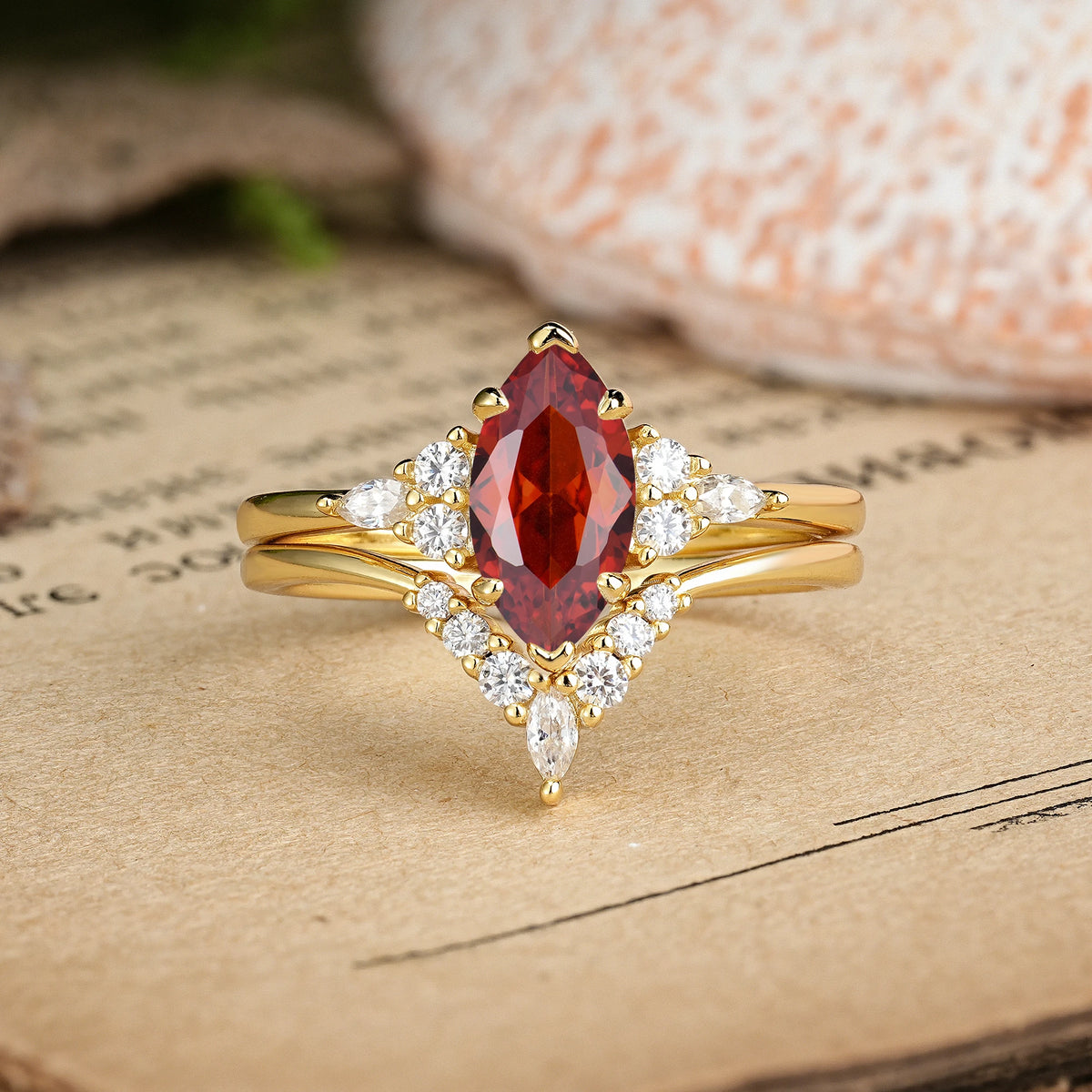 Marquise Cut Garnet Cluster Halo Chevron Bridal Ring Set