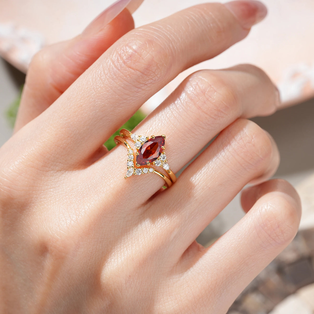 Marquise Cut Garnet Cluster Halo Chevron Bridal Ring Set