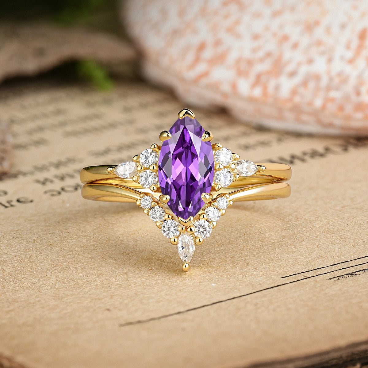 Marquise Cut Amethyst Cluster Halo Chevron Bridal Ring Set